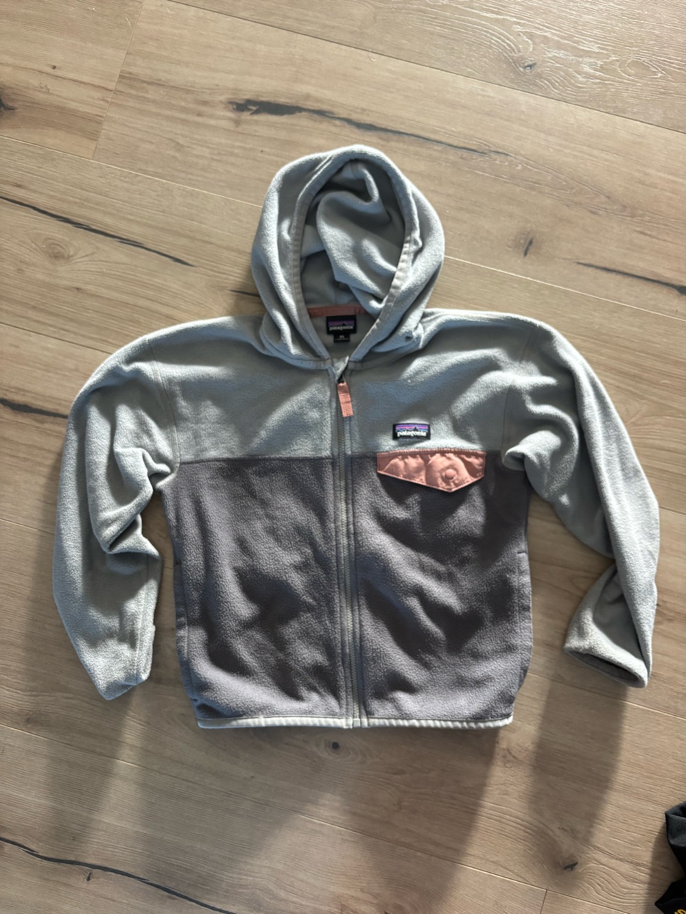 Patagonia Kids Hooded Puffer-Style Fleece in Light Gray, Charcoal & Pink